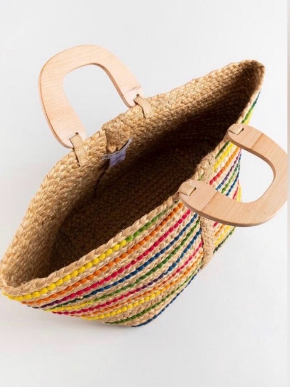 NWT, Anthropologie Antik Kraft Tuhi Colorful Jute Rainbow Tote w/ Wooden Handels - Picture 3 of 16